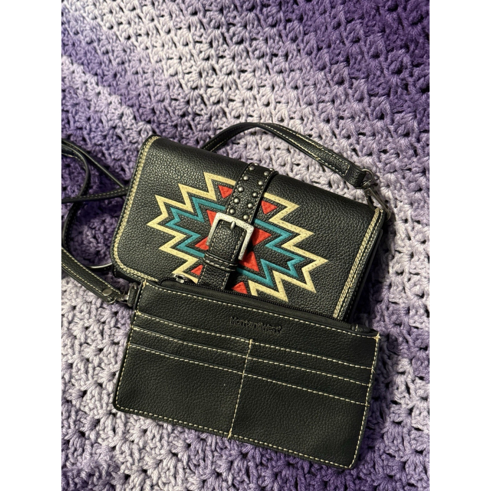 Montana West New Bling Phone Crossbody Black Wallet Southwest Design Aztec EUC